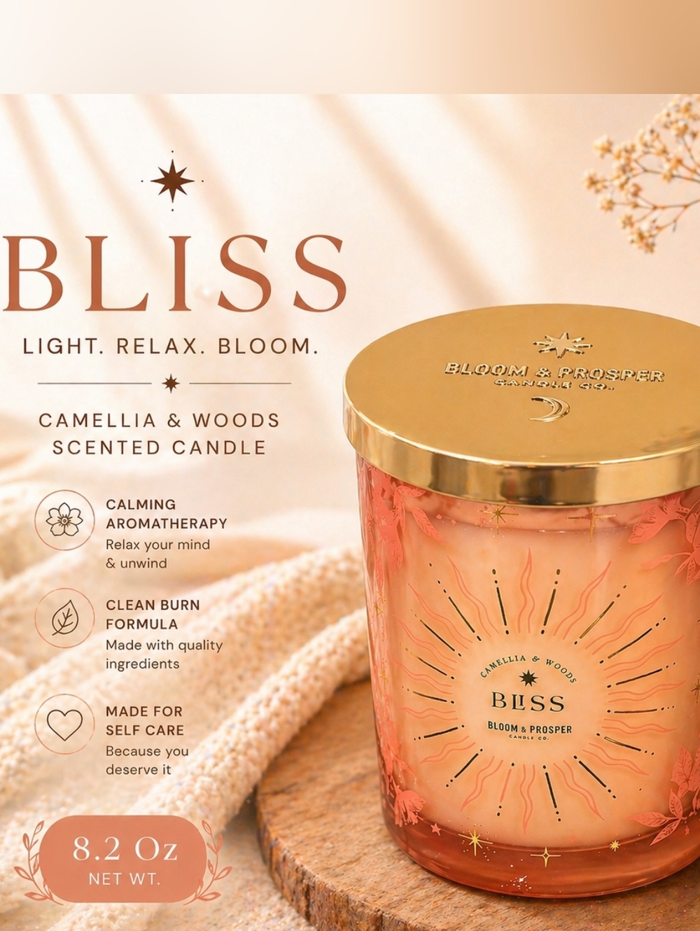 Bliss Bloom & Prosper Candle 8.2 oz Single Wick Pink Glass Cozy Aesthetic